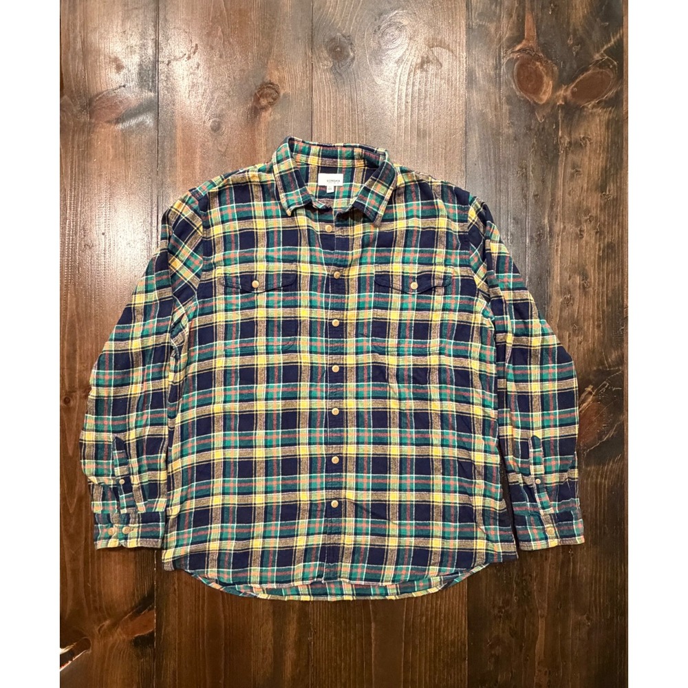 Sonoma Goods for Life Mens XXL Plaid Flannel Shirt Navy Green Yellow Long Sleeve